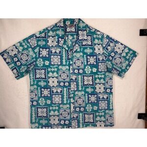 Evergreen Island Hawaiian Shirt Mens 2XL Teal Blue Floral Block Print Made in HI